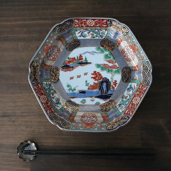 錦色絵六角焼皿5枚セット幸楽窯古伊万里色絵山水盛皿