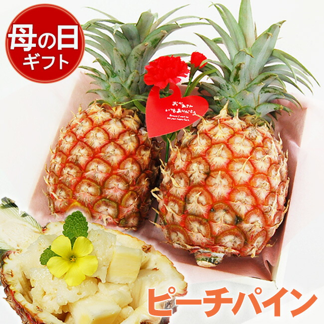 【 遅れてごめんね！】 母の日ギフト パイナップル 沖縄県産 ピーチパイン 2玉  合計1.5ｋｇ前後 カーネーション メッセージタグ付き フルーツ ラッピング 送料無料トロピカルフルーツ 果物 南国フルーツ おしゃれ かわいい きれい リボン 国産パイン
