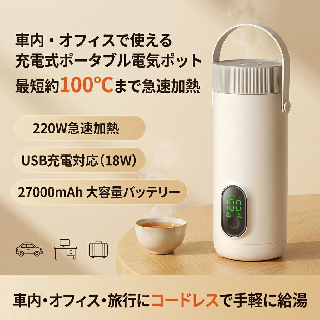 【車内?オフィスで使える】電気ポット 保温コップ ワイヤレス充電式 携帯型電気湯沸かしカップ 400ml 軽量 小型 漏れ防止 自動電源OFF｜湘南くらしプラス