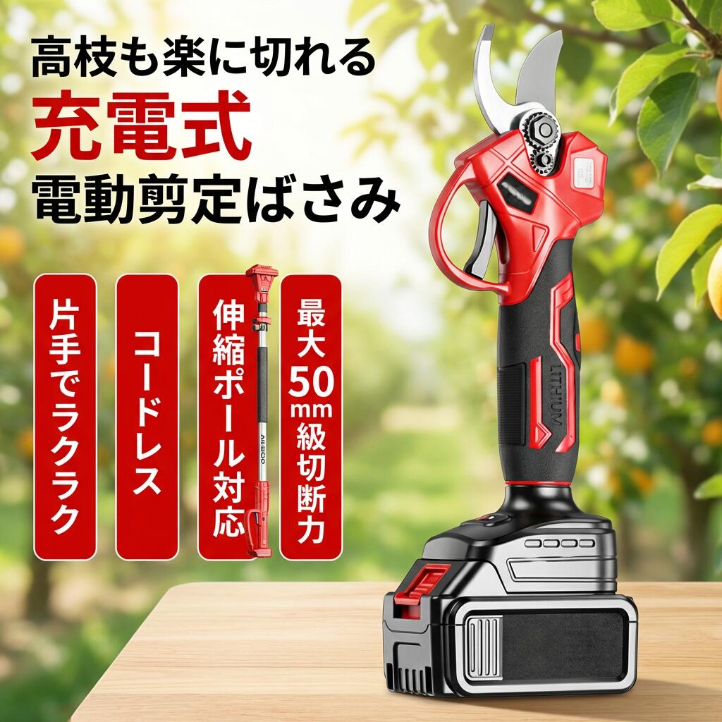 【高枝も楽に切れる】電動切り下げるばさみ 申し受ける式 電動ハサミ 片手 コードレス 伸縮極点 着脱式 切りはなす差しわたし40～50粍 開き角度合わせる 庭木 成り物