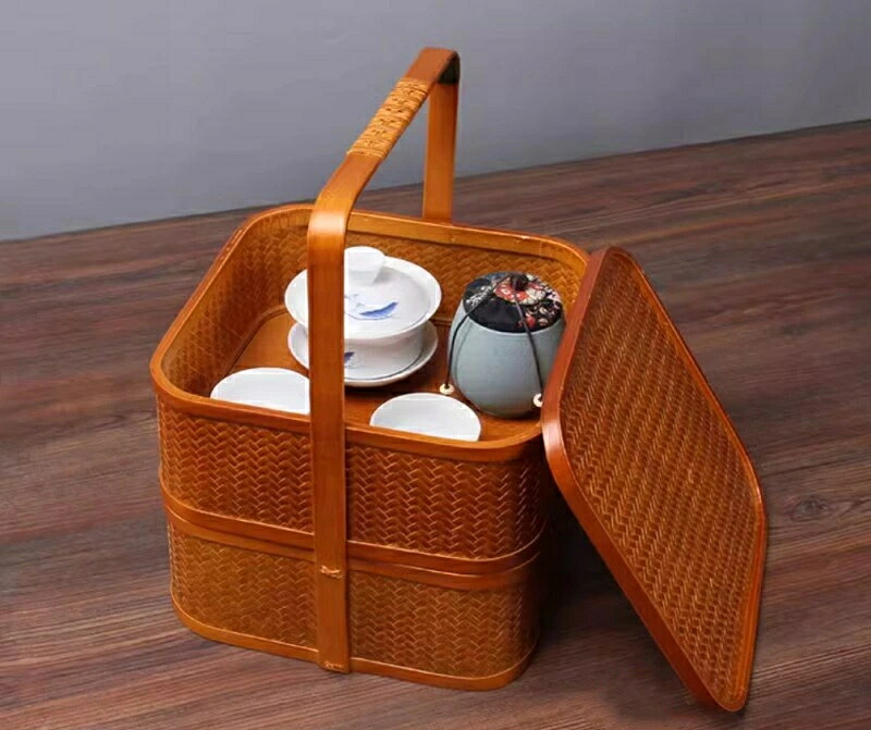茶道具 提籃籠 竹の編 二階 納めるする 芸術品 竹細工 手作り