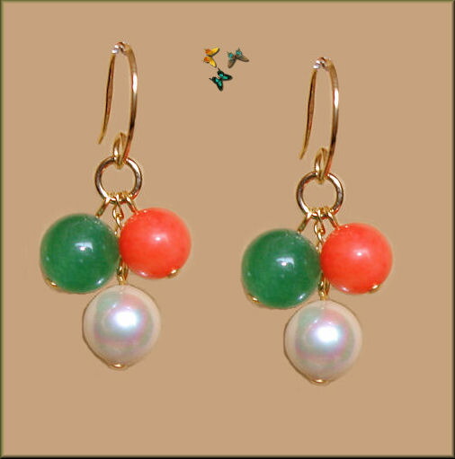 k18ピアス スリーストーン エメラルドグリーン【emerald green】 緑 18金 ゴールド マルチカラー サンゴ 珊瑚 ピンク オニキス パワーストーン ゆうパケット【送料無料】