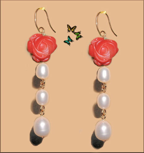 メール便【送料無料】YG18K 花赤さんご＆白真珠 ロングピアス