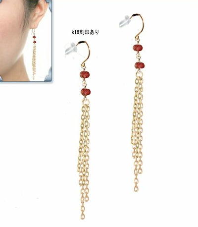 タッセルピアス ガーネット チェーン ピアス k18 小顔効果 18金 フック k18 長め 揺れる　ロング 6cm 7cm キャッチ有