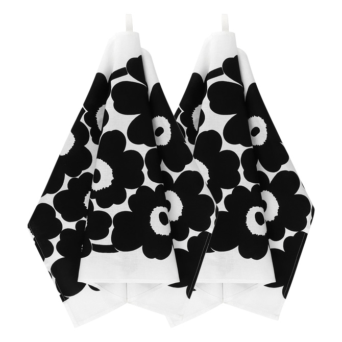 マリメッコ marimekko ウニッコ ティータオル 47x70cm 2枚セット （ブラック×ホワイト） 070683 190 Unikko tea towel キッチンタオル キッチン雑貨 花柄 フラワー北欧 プレゼント 白 黒 定番 かわいい おしゃれ ギフト対応 【送料無料（一部地域除く）】