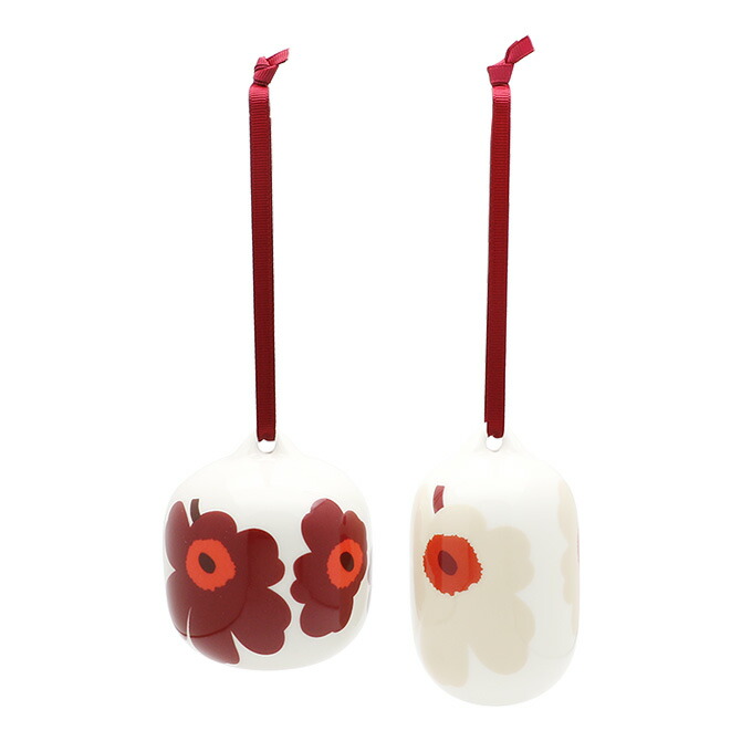 マリメッコ marimekko ウニッコ オーナメント 2個セット（ホワイト×レッド×ベージュ） 074598 74598 138 Unikko Collectible ornament 2 pcs オブジェ クリスマス 飾り 花柄 陶器 北欧 雑貨 おしゃれ プレゼント インテリア雑貨 ギフト対応 【送料無料】
