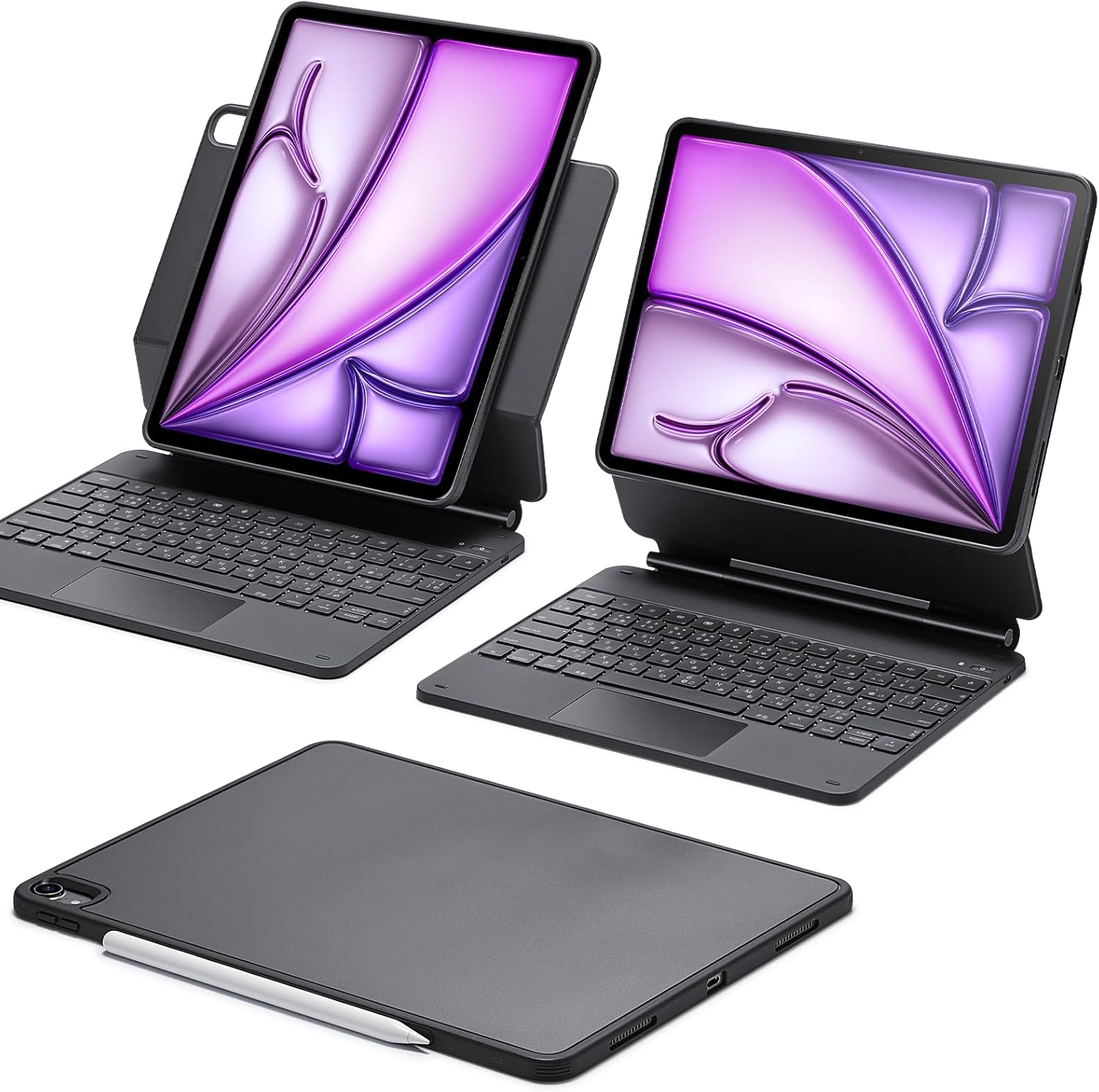 ESR iPad Air 13インチ用キーボード付きケース M4/M3/M2 (2026/2025/2024) 簡単セットマグネット式スタンド 縦向き/横向きモード マルチタッチトラックパッド付き着脱可能ケース Rebound360シリーズ ブラック|ショップあまのとり