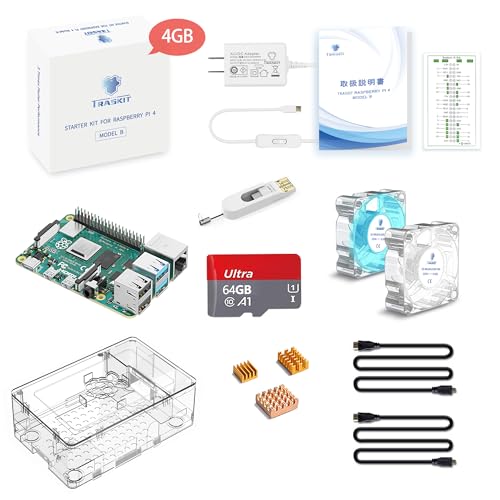 TRASKIT Raspberry Pi 4 Model B Starter Kit/ラズベリーパイ4B 4GB RAM 技適マーク付/MicroSDHCカード64GB NOOBSプリインストール/簡単に取付けるケース/5.1V/3A Type-C スイッチ付電源/2つのMicroHDMI-to-HDMIケーブルライン/ヒートシンクと透明冷却ファン/カードリーダ/リ