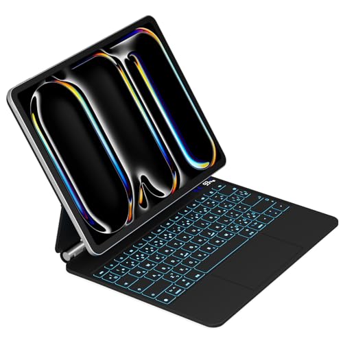 神通力鍵盤 2024 iPad Pro13in(M4) 模範例携帯電話(A2925 A2926 A3007)に当て嵌める iPad鍵盤付き添い人入れもの 高適確さ貨物自動車パッド 日本語取り合わせ ファクションキー取り合わせ LCD見せびらかす  7色うしろ側ともし火 磁気ねばり着く入れもの 角度自然調整能力のある 横置き照明ランプ 黒いこと