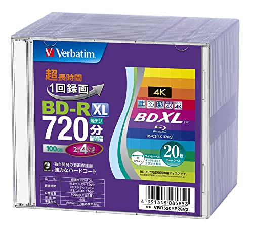 バーベイタム (Verbatim) 1回録画用 ブルーレイディスク BD-R XL 100GB 20枚 5mmプラケース ホワイトプリンタブル 片面3層 2-4倍速 VBR520YP20V2｜ショップあまのとり