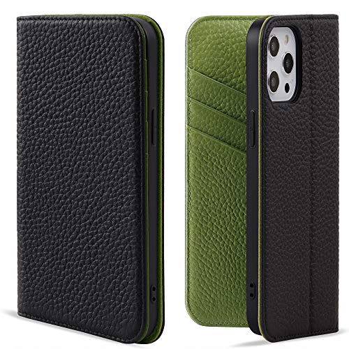スマホケース iPhone12 / iPhone12 Pro ケース 手帳型 本革 スマホケース レザーケース 耐衝撃 耐汚れ カード入れ 携帯ケース マグネット 横置き ブック型 アイフォン 12Pro/12対応 6.1インチ シュリンクレザー (グリーン)