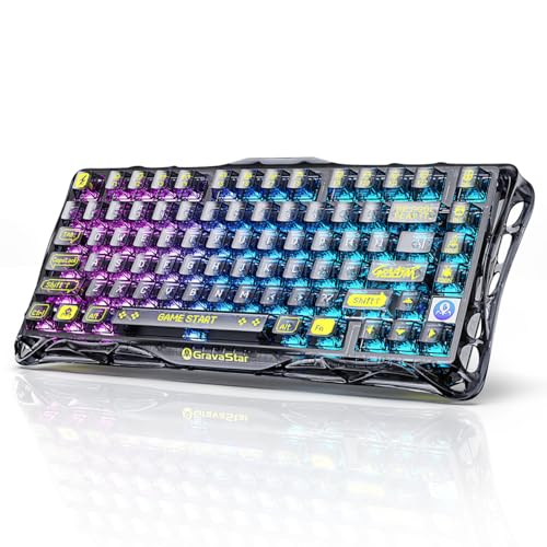 GravaStar K1 Lite ゲーミングキーボード 透明キーボード 無線 75%レイアウト テンキーレス ホットスワップ対応 ガスケット搭載 Bluetooth 5.0/2.4G/有線接続 透明キーキャップ RGBバックライト US配列メカニカルキーボード ワイヤレス Windows/Mac用 透明ブラック