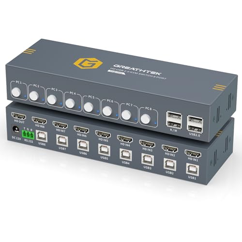 USB2.0 KVMスイッチ HDMI 8入力1出力, 8台のPCコンピュータが1台のモニタを共有,2つUSB2.0ハブ備えた KVM HDMI 8 IN 1 OUT, 4K@30Hz対応 KVM 8入力PC切替器，ボタン切り替えとホットキー機能対応,RS232ポート,EDID管理, ドライバ不要、プラグアンドプレイ 20,327円