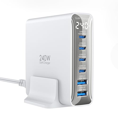 TOPADRE 240w 充電器 PD3.1対応 6ポート同時急速充電 C1 単ポート140W MAX/ディスプレイ搭載 /1.5mケーブル付 USB コンセント GaNFast 対応 PCに急速充電対応 MacBook Pro14&rdquo;/16&rdquo; 対応 Macbook M4/iPad Pro/iPhone 16/15/Galaxy/Android/その他 (ホワイト)｜ショップあまのとり