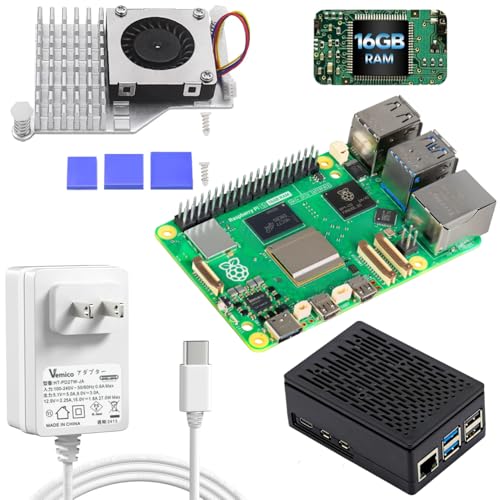 Vesiri Raspberry Pi5 16GB Kit日本技適済みraspberry pi5 セット ラズベリーパイ5 16gbボード+アクティブクーラー+Pi5 PD電源+ABSケース ラズベリーパイ5キット(ラズベリーパイ5 16gb kit)