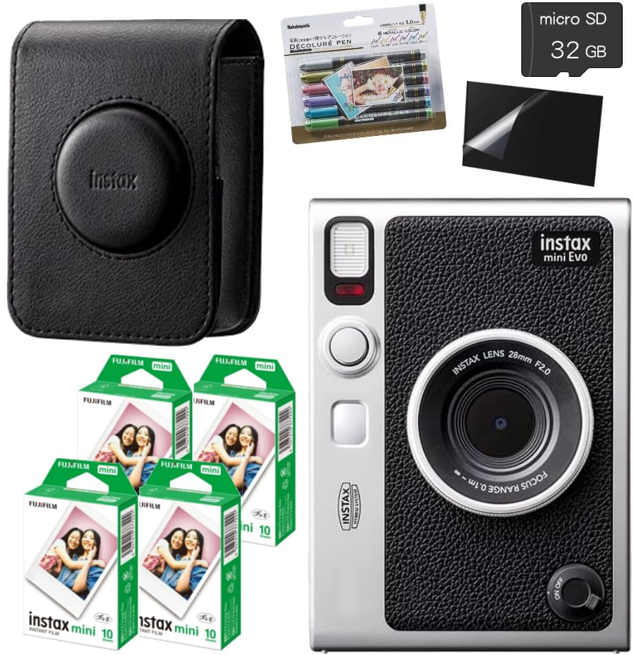 チェキ instax mini Evo 黒いこと 入れもの チェキフィルム40枚 デコペン microSD32GB 液晶保護すること写真フィルム (黒いこと、7点仕掛ける)