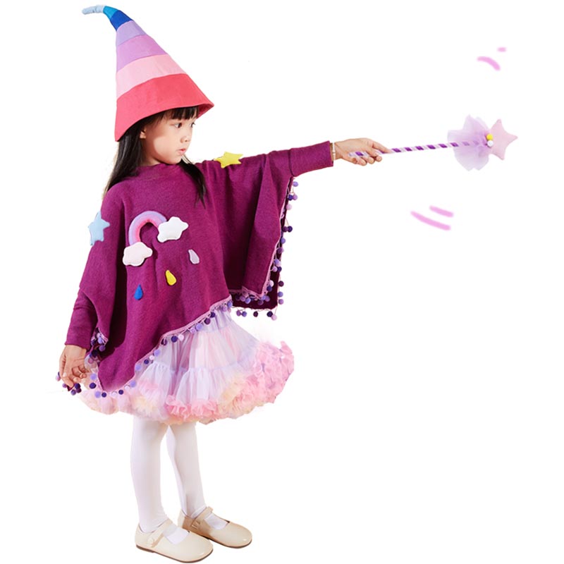 【送料無料】ハロウィン 子供 魔女 ウィッチ 魔法使い 衣装 仮装 コスプレ キュート 子供服 こども キッズ ジュニア 子ども 女の子 衣装 女児 ガールズ 4点セット マント スカート 帽子 棒 童話 子供ドレス 可愛い コスチュー