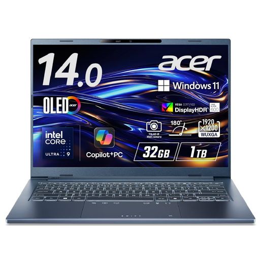 Acer Swift Go 14 AI インテル Core Ultra 9 OLED 光沢 DCI-P3 100% WUXGA 16:10 32GBメモリ 1TB SSD 14インチ 23.5時間駆動 薄型軽量 1.24kg 207万画素 IR｜ショップアンドアンド