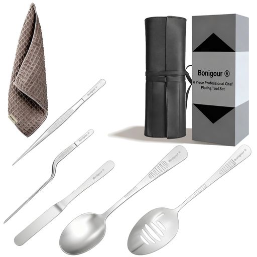 Bonigour メッキ手道具仕掛ける、料理人一皿分の料理用メッキツールキット7点、黒いこと、職業的膳立て手道具、ステンレス鋼スチール写真