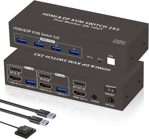 【デュアル管する一斉に最終生産物】HDMIDisplayportKVMうつり変わり器2パソコンインプット4K60HzUSB3.04口KVMスイッチャキーボードマウス分かち合う複数形インプットとり備えるうつり変わり多見せびらかす一斉に書きあらわす勤務場所テレワーク対