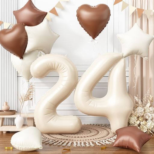 誕生日バルーン風船セット飾り付け22歳大きい数字ナンバー24ハート星スターアルミ風船10個セットバースデー飾り記念日お祝いパーティー女の子男の子くすみホワイト画像
