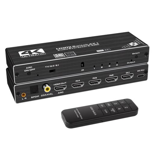 HDMI物音分け隔てる器ARC相応うHDMIうつり変わり器4インプット1最終生産物4K@60サイクル取り替えっこ物音分け隔てる役立つこと積み上げるHDR・VRR・ALLM受け支える光デジタル(SPDIF)/同軸/3.5mmAUX物音最終生産物遠隔操作/取りまわし明らかにする書嘱する軽銀アロイ製