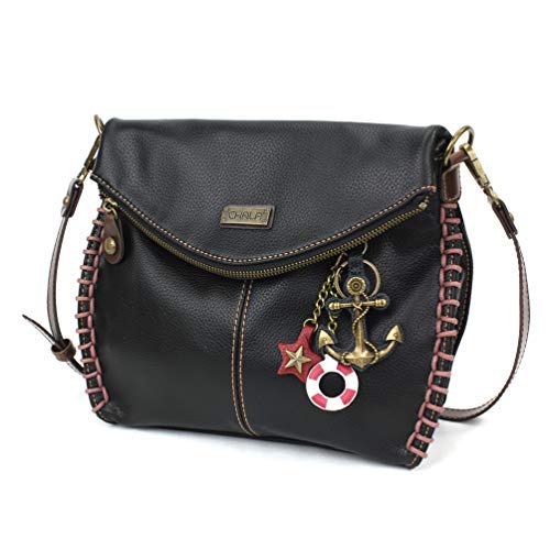 chala 御徒面子 継ぎ切れ 鞄 愛くるしい Chala Charming Crossbody Bag Shoulder Handbag With Flap Top and Zipper Black - Metal Anchor - Blackchala 御徒面子 継ぎ切れ 鞄 愛くるしい