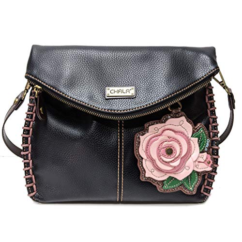 chala バッグ パッチ カバン かわいい Chala Charming Crossbody Bag Shoulder Handbag With Flap Top and Zipper- Black (Pink Rose)chala バッグ パッチ カバン かわいい｜angelica