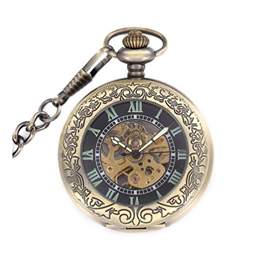NEWOTE Retro Mechanical Wind Pocket Watch Steampunk Skeleton Analog Self Wind Pocket Watch w/Gift Case (Luminous)｜angelica