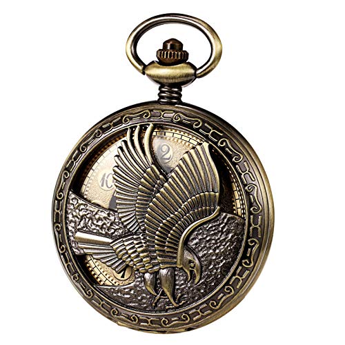 TREEWETO Mechanical Eagle Arabic Numerals Dial Skeleton Red Gold Pocket Watch Watches with Gift Box and Chains for Mens Women｜angelica