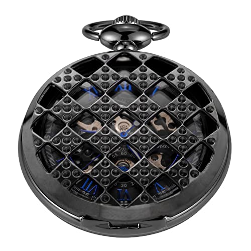 Realpoo Steampunk Mesh Knotted Black Mechanical Pocket Watch with FOB Chain, Skeleton Hollow Clock for Men with Chain｜angelica