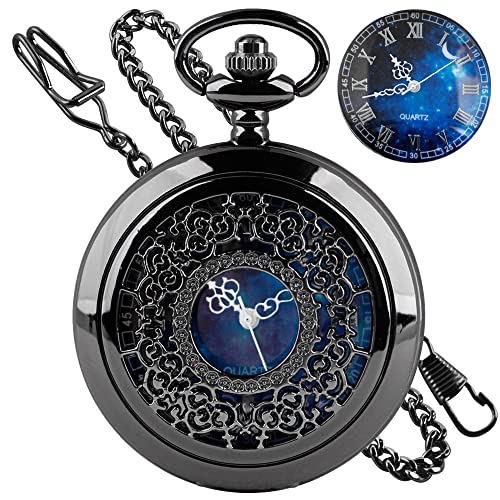 Tiong Exquise Starry Blue Hollow Case Quartz Pocket Watch Roman Numerals Retro Watches Souvenir Men Women Gift
