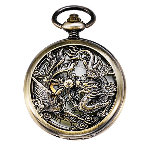 TREEWETO Men\u0027s Mechanical Skeleton Pocket Watch Phoenix Dragon Bronze Tone Hollow Case with Chain + Box Gift for Man
