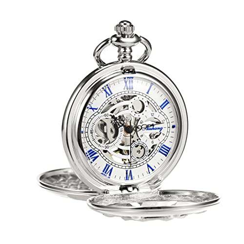 TREEWETO Silver Double Cover Roman Numerals Dial Skeleton Mens Women Pocket Watch｜angelica