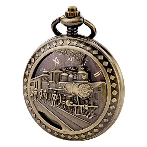 TREEWETO Antique Mens Pocket Watch Skeleton Mechanical Hollow Bronze Case 3D Steam Train Railroad Roman Numerals｜angelica