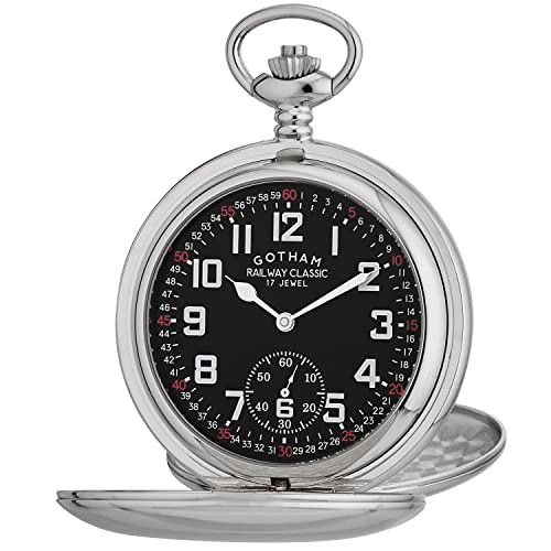 Gotham Men's Silver-Tone Railroad Dial Double Hunter 17 Jewel Mechanical Pocket Watch # GWC18806SB|angelica