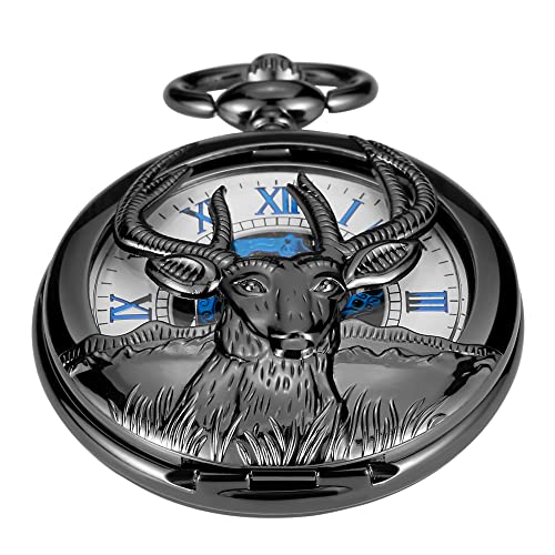 Whodoit Skeleton Goat Manual Winding Men's Mechanical Pocket Watch, Roman Numerals Pendant Chain Mechanical Pocket Watches Gift for Men｜angelica