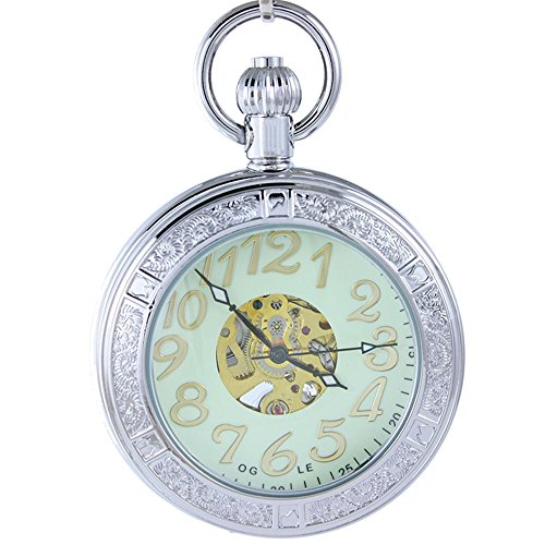 OGLE Waterproof Magnifier Skeleton Chain Silver Luminous Fob Self Winding Automatic Mechanical Pocket Watch (Silver Luminous)｜angelica
