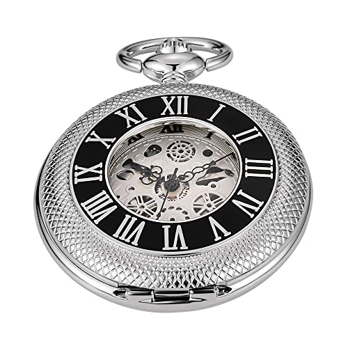 Whodoit Silver Black Single Open Mechanical Pocket Watch Roman Numeral Dial Mechanical Pocket Watches for Men｜angelica