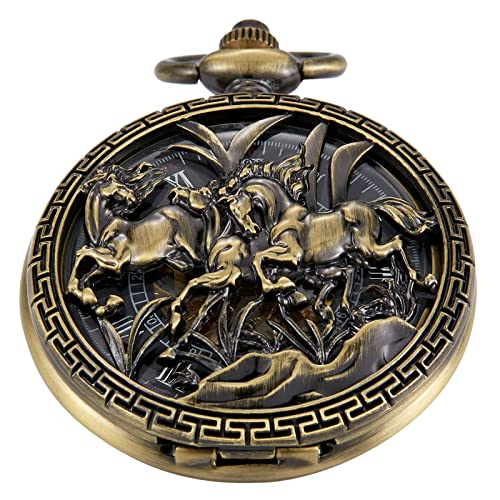Whodoit Bronze Hollow Horse Design Mechanical Pocket Watch Men's Unique FOB Chain Roman Dial Steam Punk Skeleton Pocket Watch for Men｜angelica
