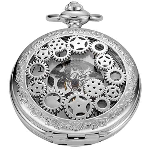 Whodoit Double Open Silver Gear and Star Men's Mechanica Pocket Watch Cool Design, FOB Chain Double Open Case Design Mechanical Pocket Watches for Men - Silver｜angelica