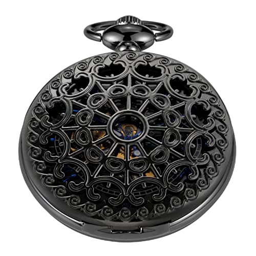 Realpoo Black Spider Web Mechanical Pocket Watch, Men's Pocket Watch Pendant Necklace with Gift Box, Roman Dial Mechanical Pocket Watches Set for Men｜angelica
