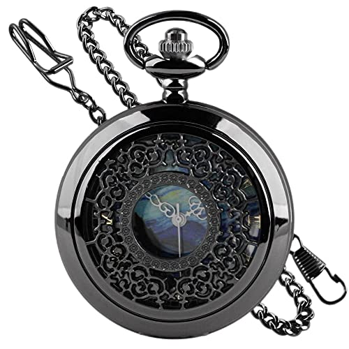 Tiong Van Gogh Starry Night Moon Hollow Black Case Quartz Pocket Watch Roman Numerals Retro Watches Art Souvenir Gift for Men Women｜angelica