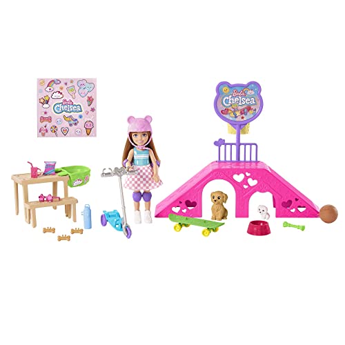 バービー バービー人形 Barbie Chelsea Doll & Skate Park Playset with 2 Puppies, Skate Ramp, Scooter & 15+ Accessories, Brunette Small Doll with Blue Eyesバービー バービー人形｜angelica