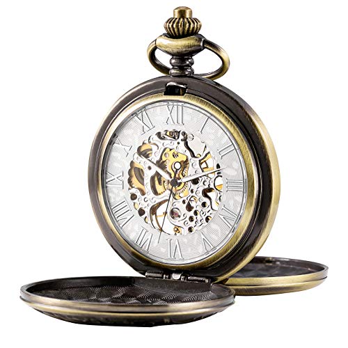 TREEWETO Men's Mechanical Skeleton Pocket Watch for Mens Women Roman Numerals Dial Bronze Tone Double Case Pocket Watches｜angelica