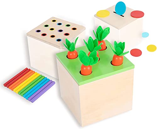 ゲーム盤力くらべ 英語 亜米利加 外国で力くらべ Tiger Montessori Box Wooden Play Kit, 3-インチ-1 Activity Cube: Includes Carrot Harvest, Object Permanent Box, Coin Box - Early Development Learning for Toddlers Ages 1-3ゲーム盤力くらべ 英語 亜米利加 外国で力くらべ