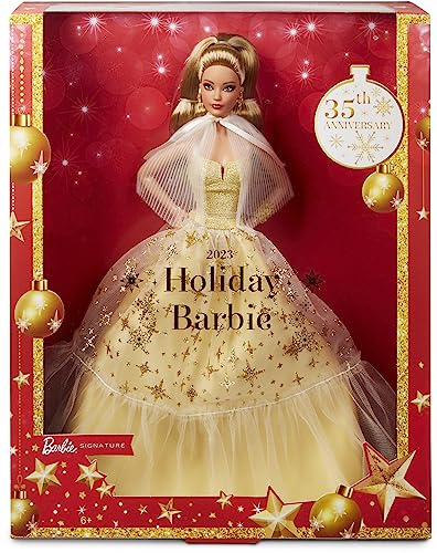バービー バービーあやつり人形 Barbie Signature 2023 Holiday Doll, Light Brown Hair Wearing Golden Gown, Collectible with Doll Stand \u0026 Certificate of Authenticityバービー バービーあやつり人形