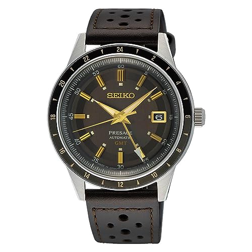 腕時計 セイコー メンズ SEIKO Men's Satin Black Dial Brown Grained Leather Band Presage Automatic GMT Analog Watch腕時計 セイコー メンズ｜angelica