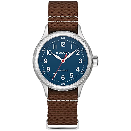 腕時計 ブローバ メンズ Bulova Men's Military A11 Stainless Steel 3-Hand Hack Automatic Watch, Brown Leather Strap and Blue Dial Style: 96A282腕時計 ブローバ メンズ｜angelica