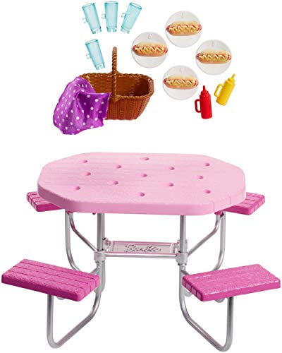 バービー バービーあやつり人形 Barbie Outdoor Furniture, Pink Picnic Table with Adjustable Seats and Hot Dog Picnic for 4バービー バービーあやつり人形
